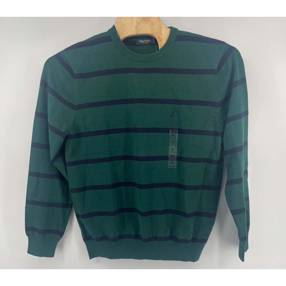 Nautica Sweater Men XL Grn Blue Striped Crewneck Preppy Nautical Ivy League NWT